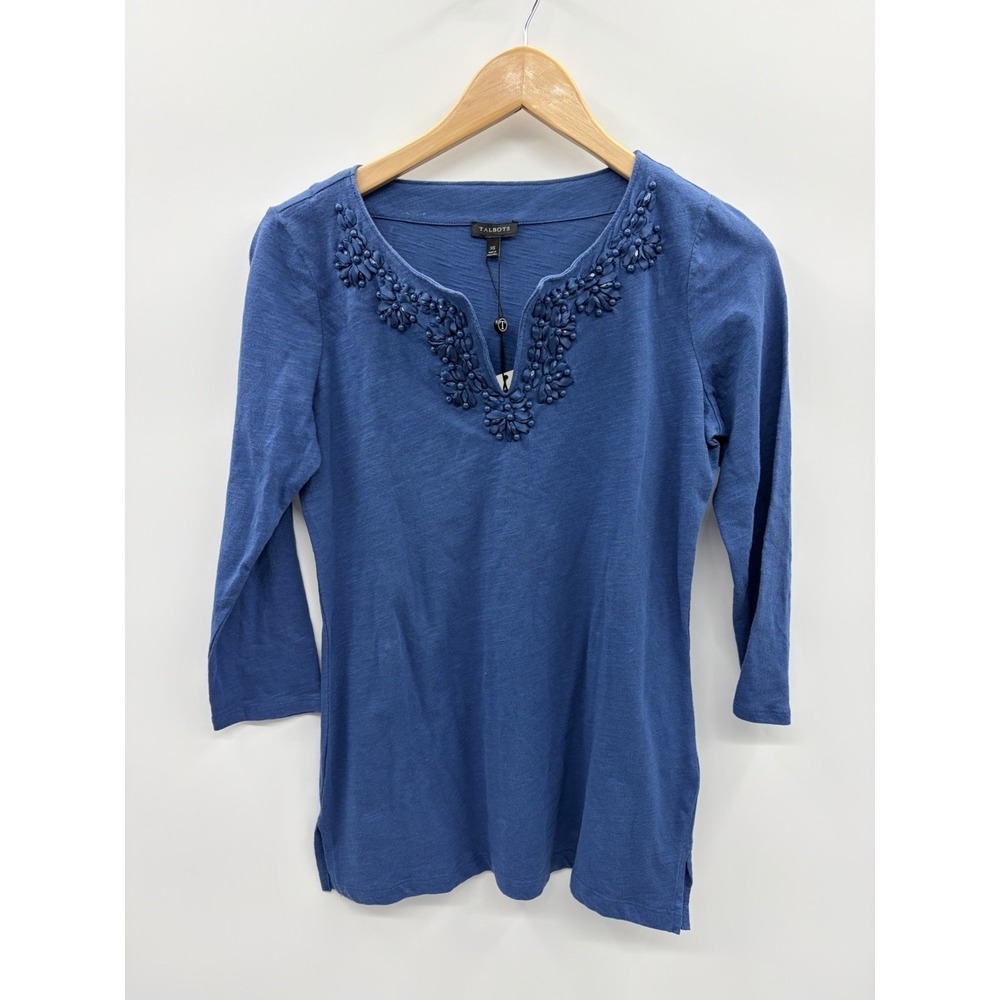 Talbots Womens Size XS 100% Cotton 3/4 Sleeve Beaded V Neck Knit Tee in Blue 633